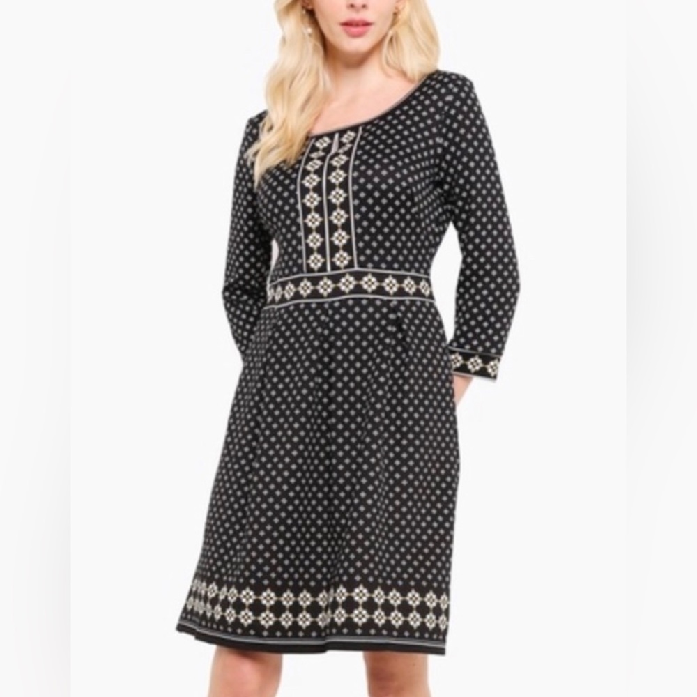 Max Studio 3/4 Ponte Fit and Flare Scoop Neck Floral Geometric Pattern Dress XS